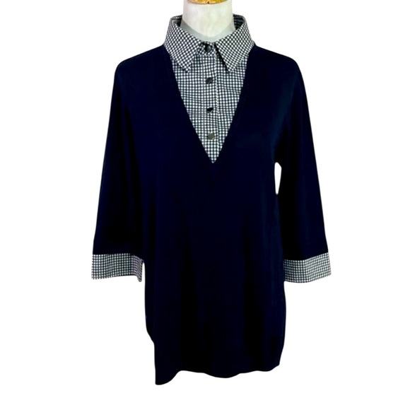 St. John Wool Mixed Media Sweater Tunic Blouse Combo Navy Size P or XS - Picture 2 of 10